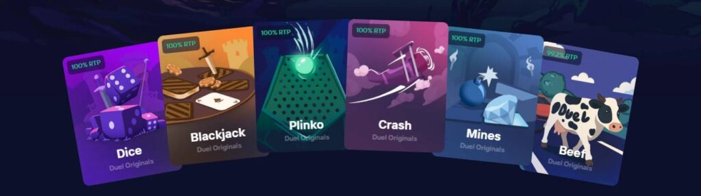 Duel Originals met Blackjack, Dice, Plinko, Crash en Mines