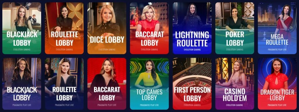 Duel live casino lobby met Blackjack, roulette en baccarat