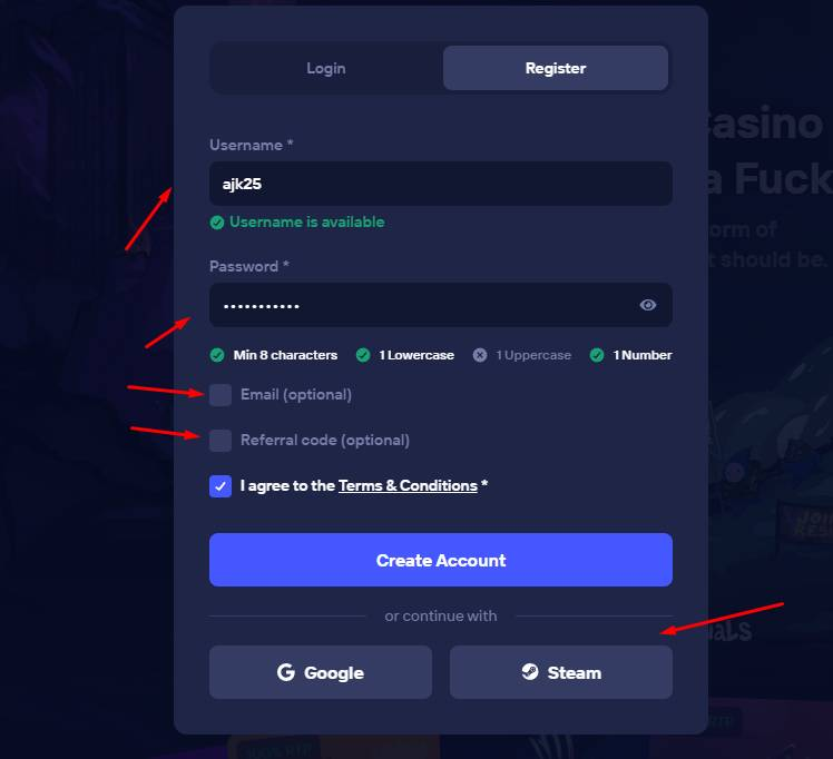 Registratieformulier van Duel met referral code veld